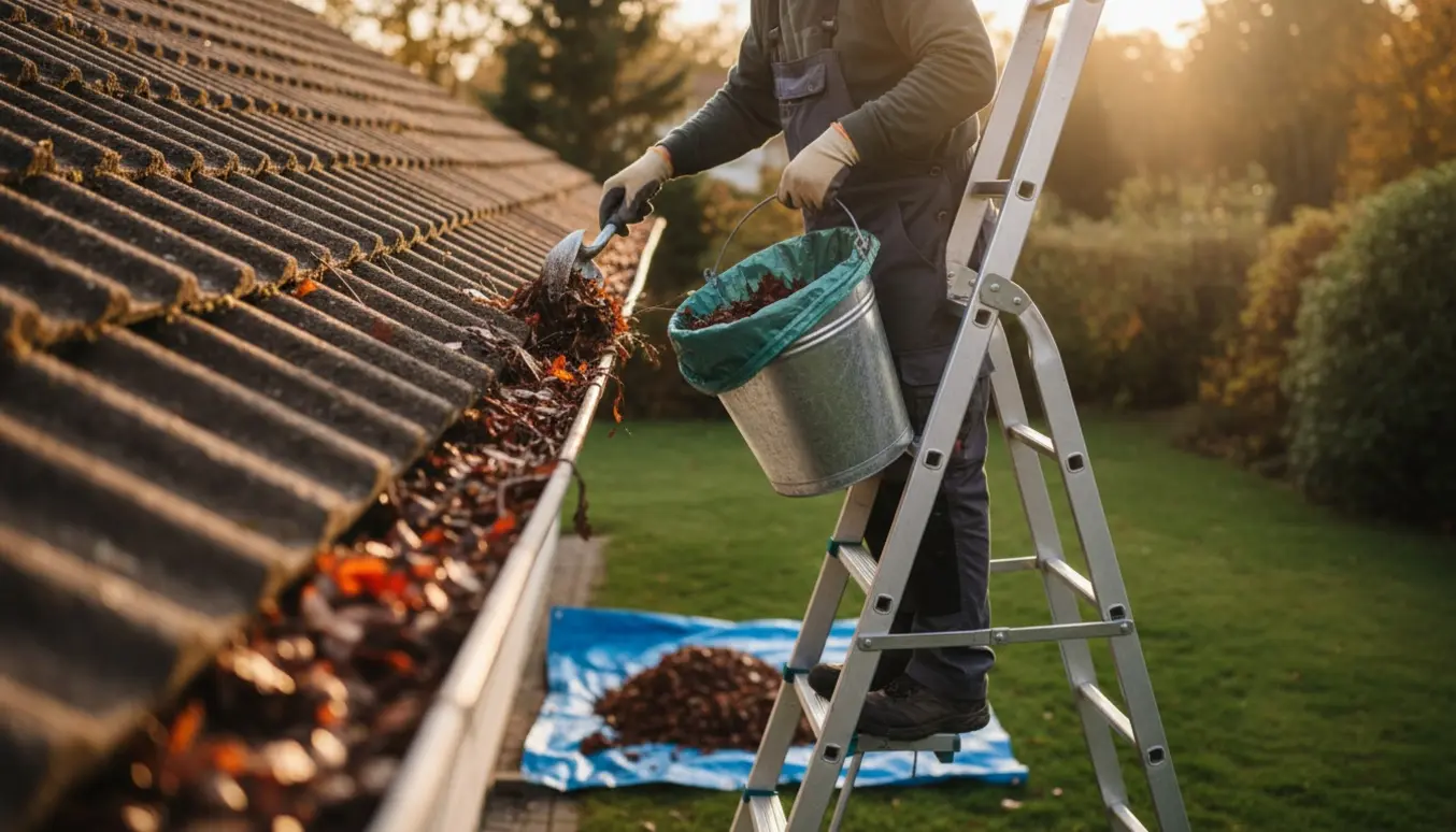 Person fjerner blade og grene fra en lang tagrende ved et enfamiliehus.
