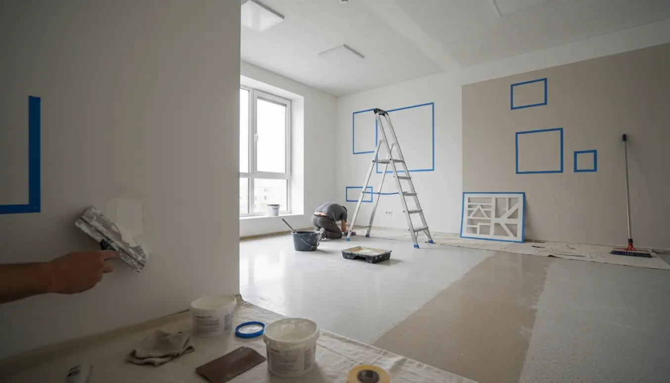 Et lokale under renovering med spartel, malerværktøj, malertape omrids til logo og rengjort linoleumsgulv.