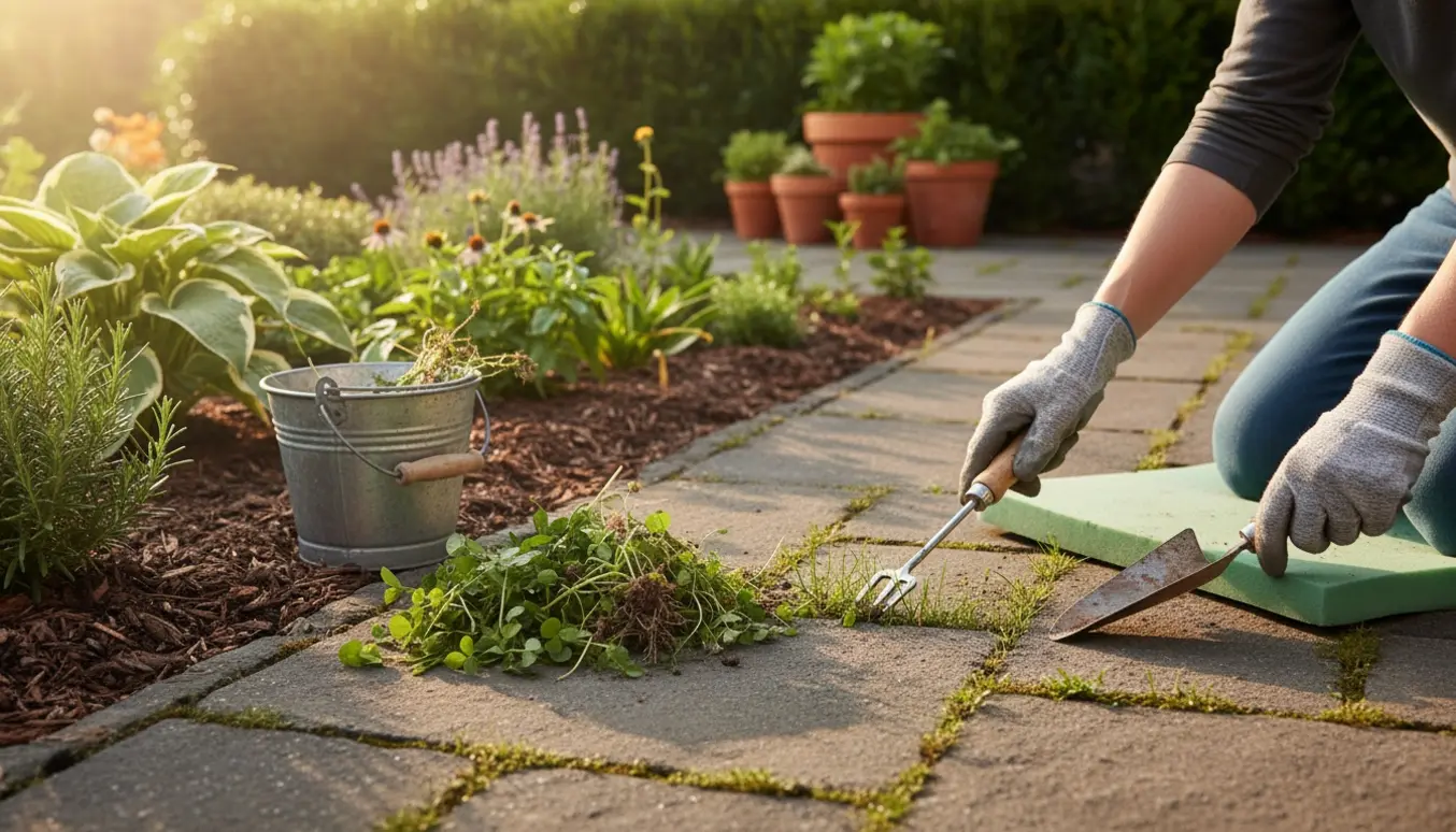 Nærbillede af handsker, der luger ukrudt mellem fliser og i blomsterbed i en solrig baghave.