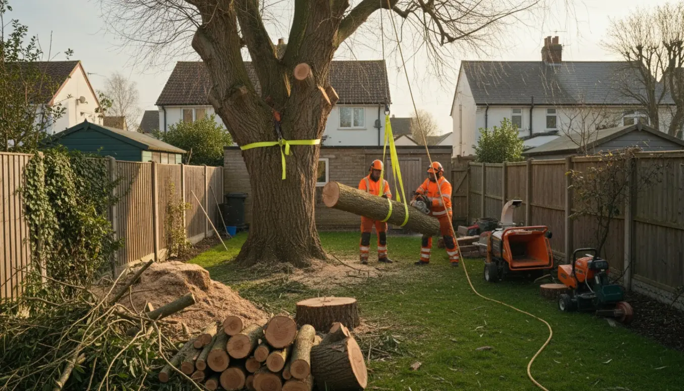 Arborister sænker kontrolleret sektioner af et stort piletræ i en trang have med huse tæt på.