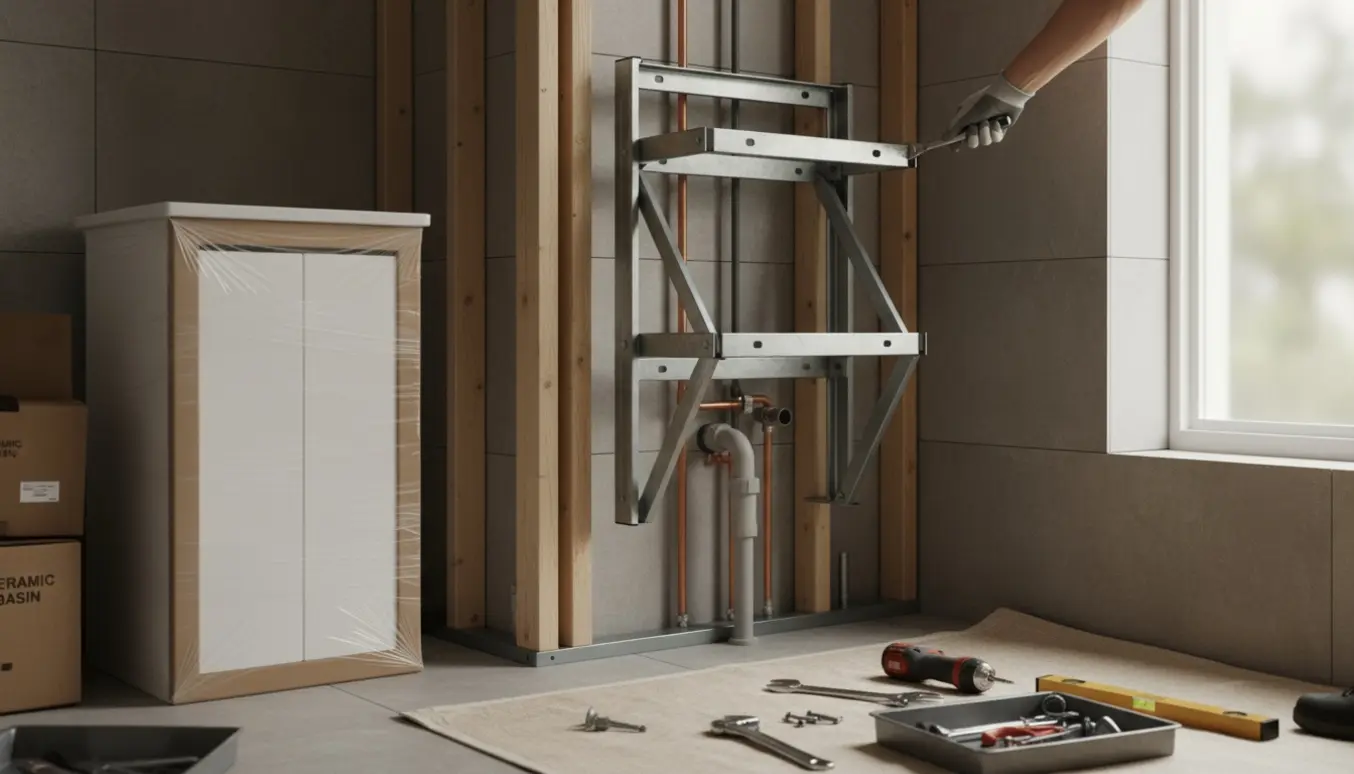 Badeværelse under renovering med monteringsramme til væghængt toilet og et uåbnet vaskeskab ved siden af.