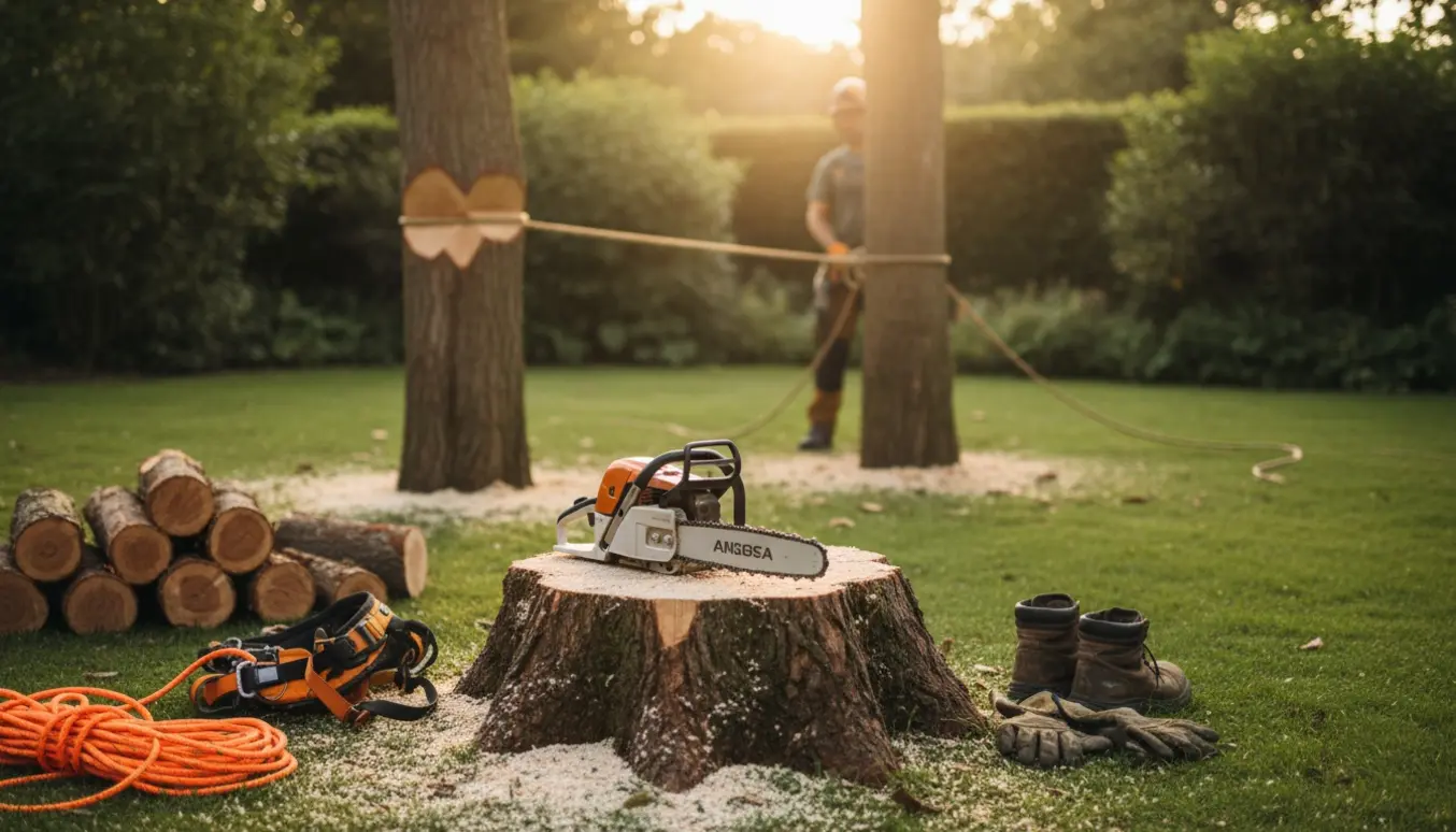 To træer fældes og opskæres i en have, med en fersk fældesstub, savsmuld og stablede stammer klar til afhentning.
