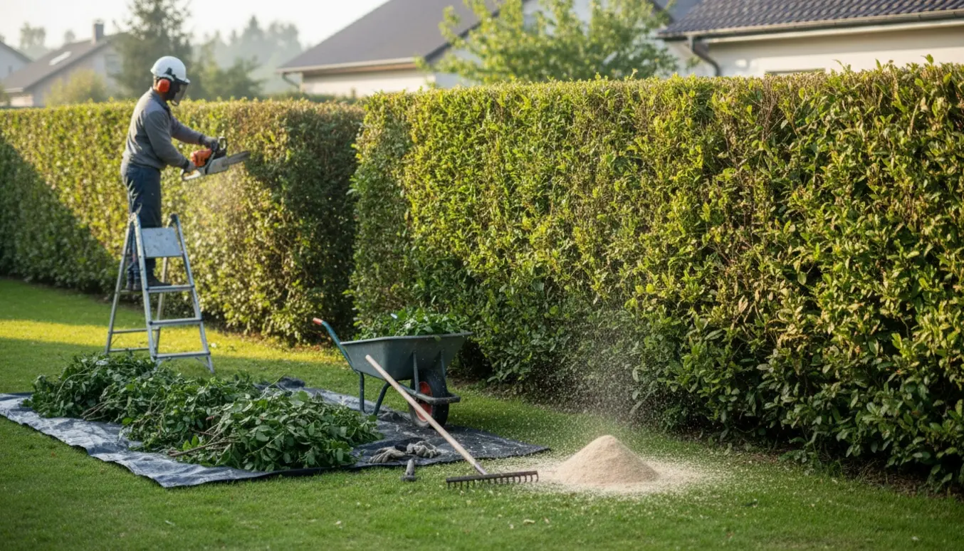 En person trimmer toppen af en lang havehæk med motorsav, afklippede grene samlet i en trillebør.