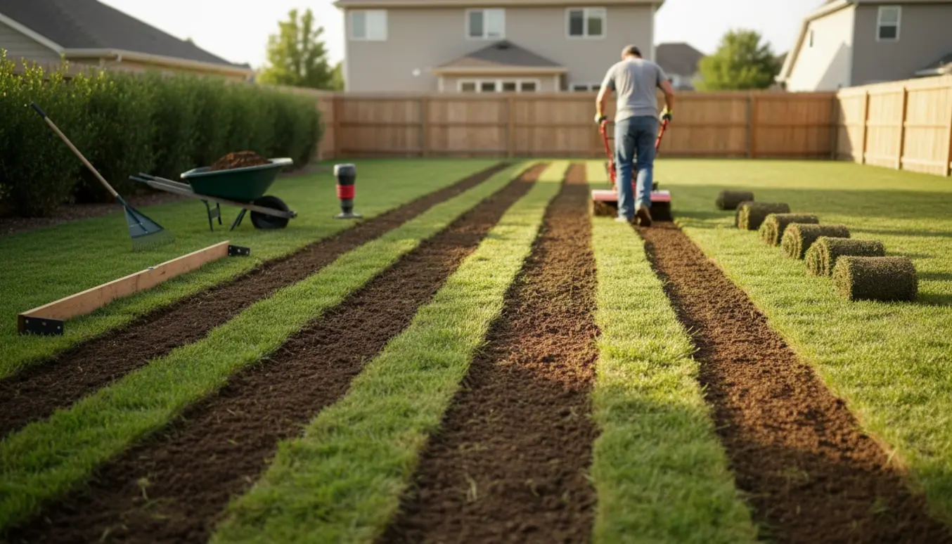Stor baghave med fræser, nyslået jord og udjævnet område klar til rullegræs.