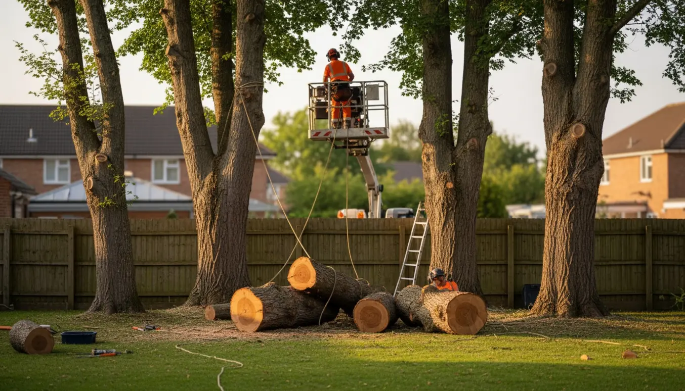 Fem store træer fældes i en baghave med lift, nedskårne trunkstykker og stakit i baggrunden.
