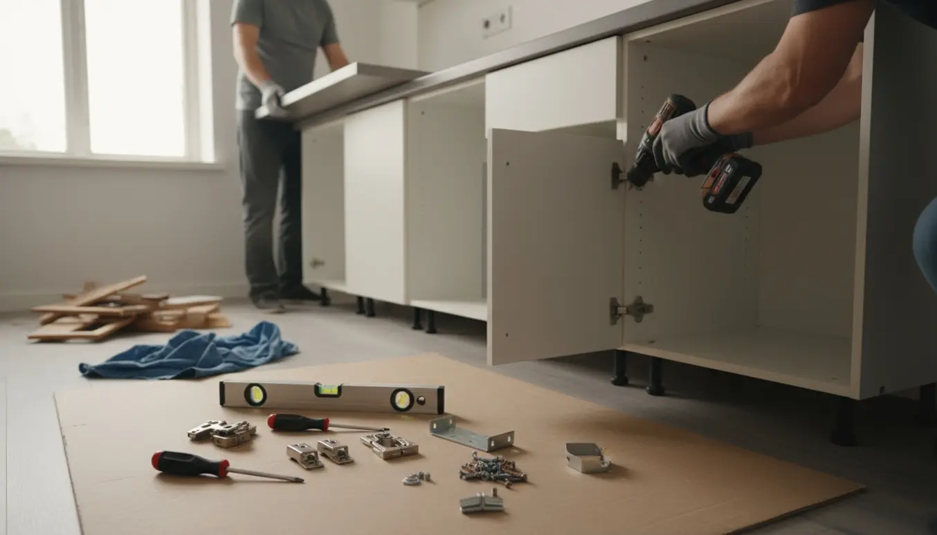 Mindre køkken under opsætning med fladpakke-skap og værktøj, hænder justerer et skab.
