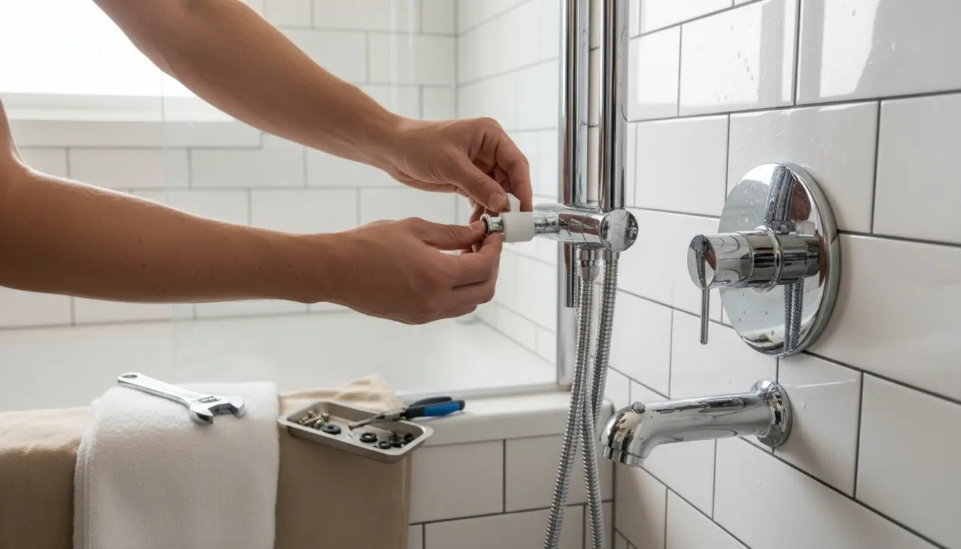 Hænder udskifter holderen på en brusestang og en reservedel på et krombrusarmatur i et lyst badeværelse.
