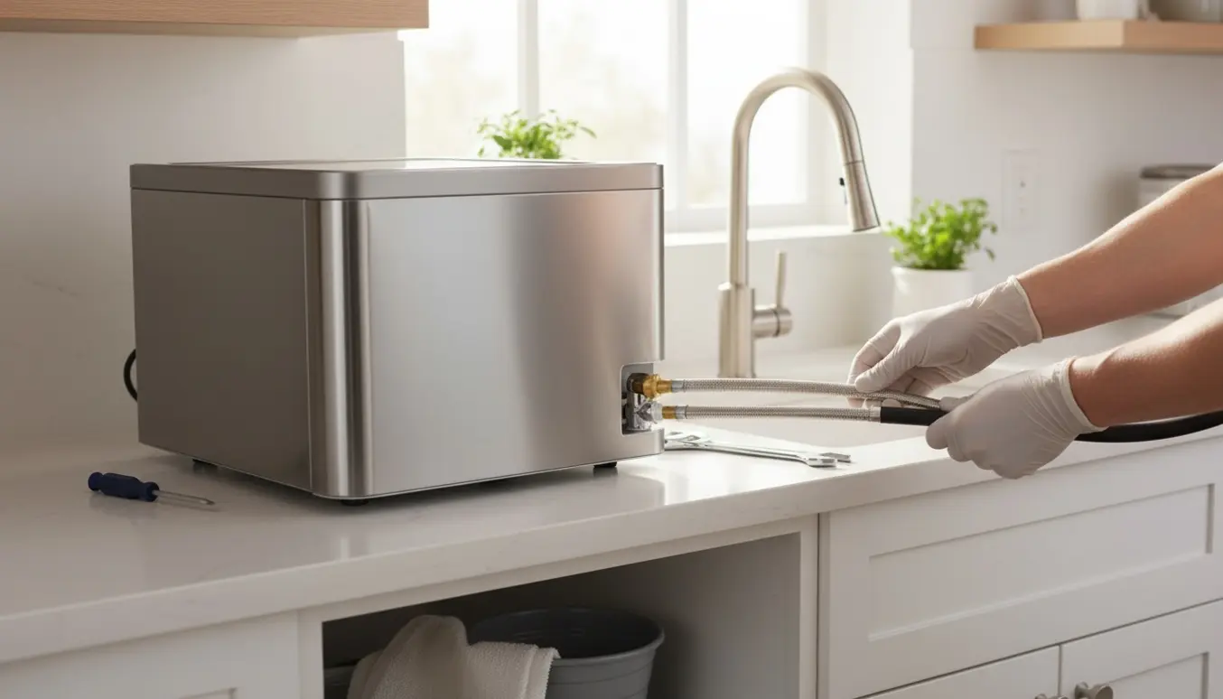 Nærbillede af hænder, der tilslutter vand- og afløbsslanger til en bordopvaskemaskine ved køkkenvasken.