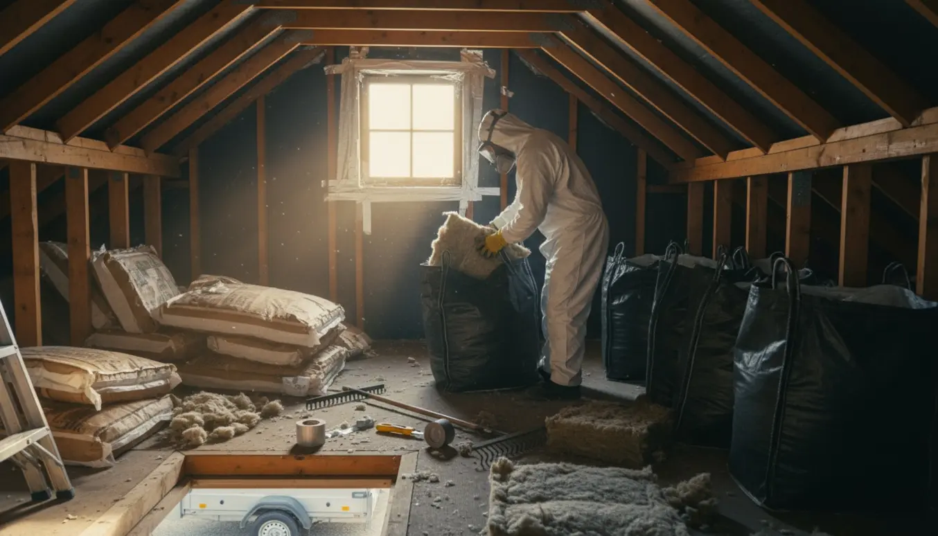 Loft med lav højde, hvor en arbejder i beskyttelsesdragt fylder store sække med isoleringsbatts ved et vindue, der er tætnet med gaffatape.