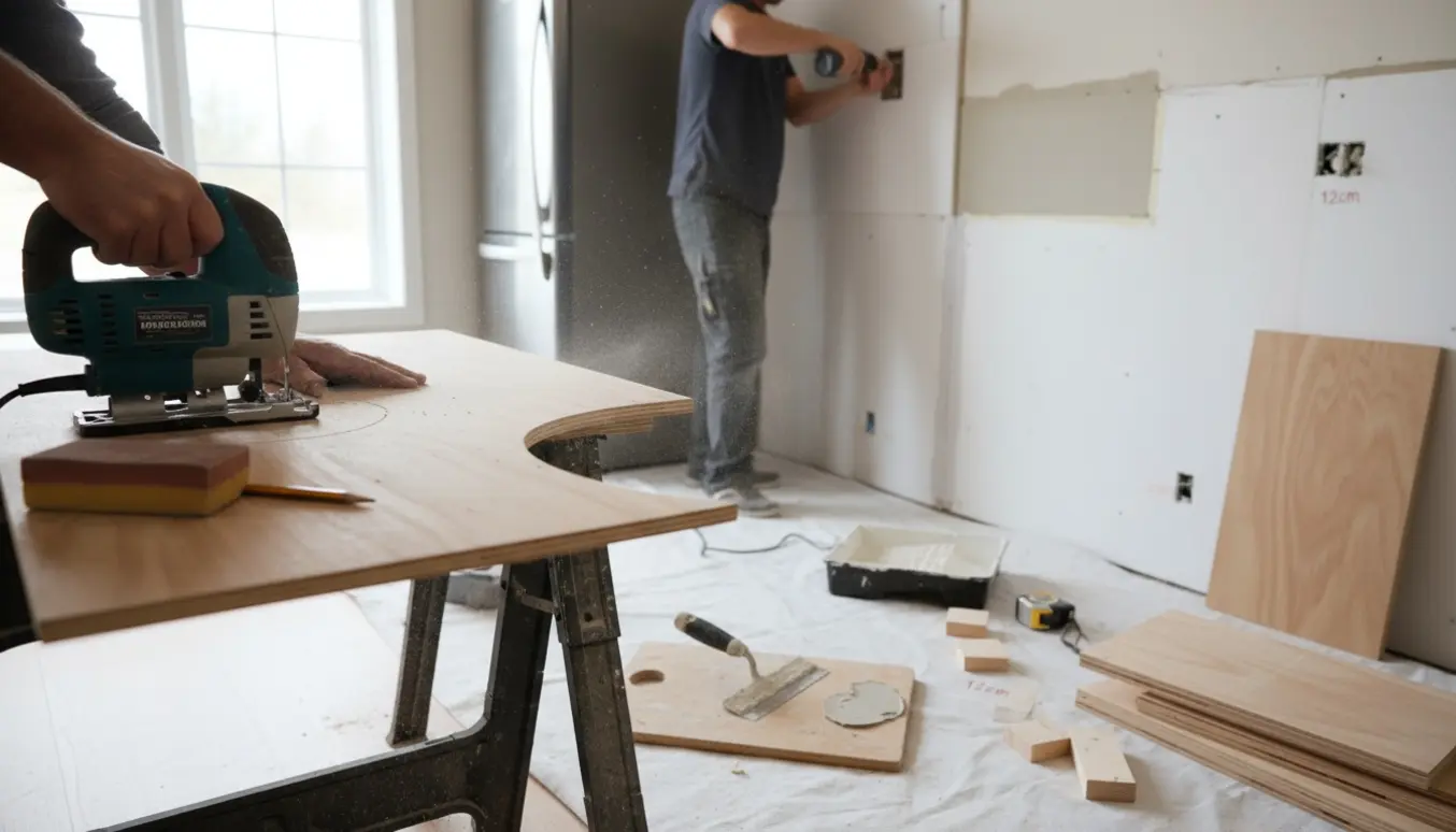 Nærbillede af tømrerarbejde i et køkken: en plade rundes, Wedi-bagbeklædning monteres og spartel- og malerredskaber ligger klar.
