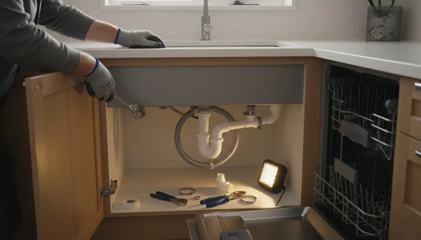 En VVS-montør forbinder afløbsrør og opvaskemaskineslange under en ny køkkenvask.