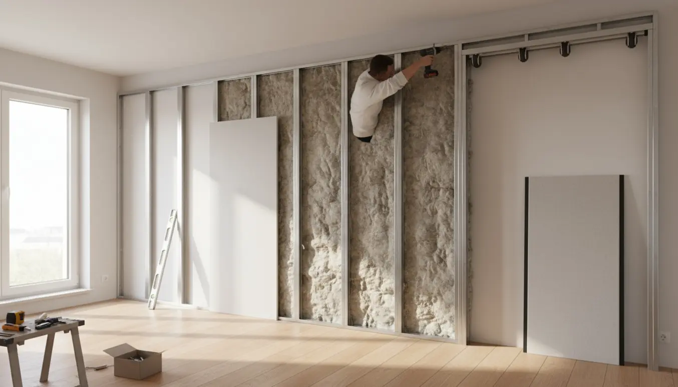 Renovering: montage af lydisoleret gipsvæg med skydedør, værktøj og isolering synlig i et lyst rum.