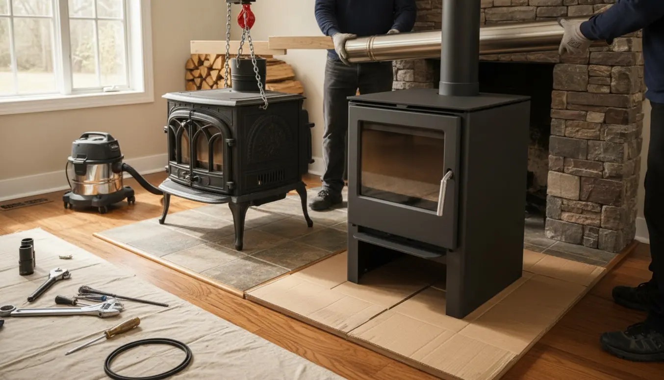 Udskiftning af brændeovn med den nye ovn på palle og montører med handsker ved ildstedet.