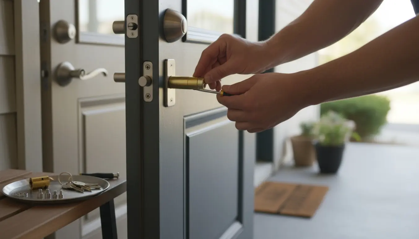 Nærbillede af hænder, der monterer en ny låsecylinder i hoveddøren med fire nye nøgler ved siden af.