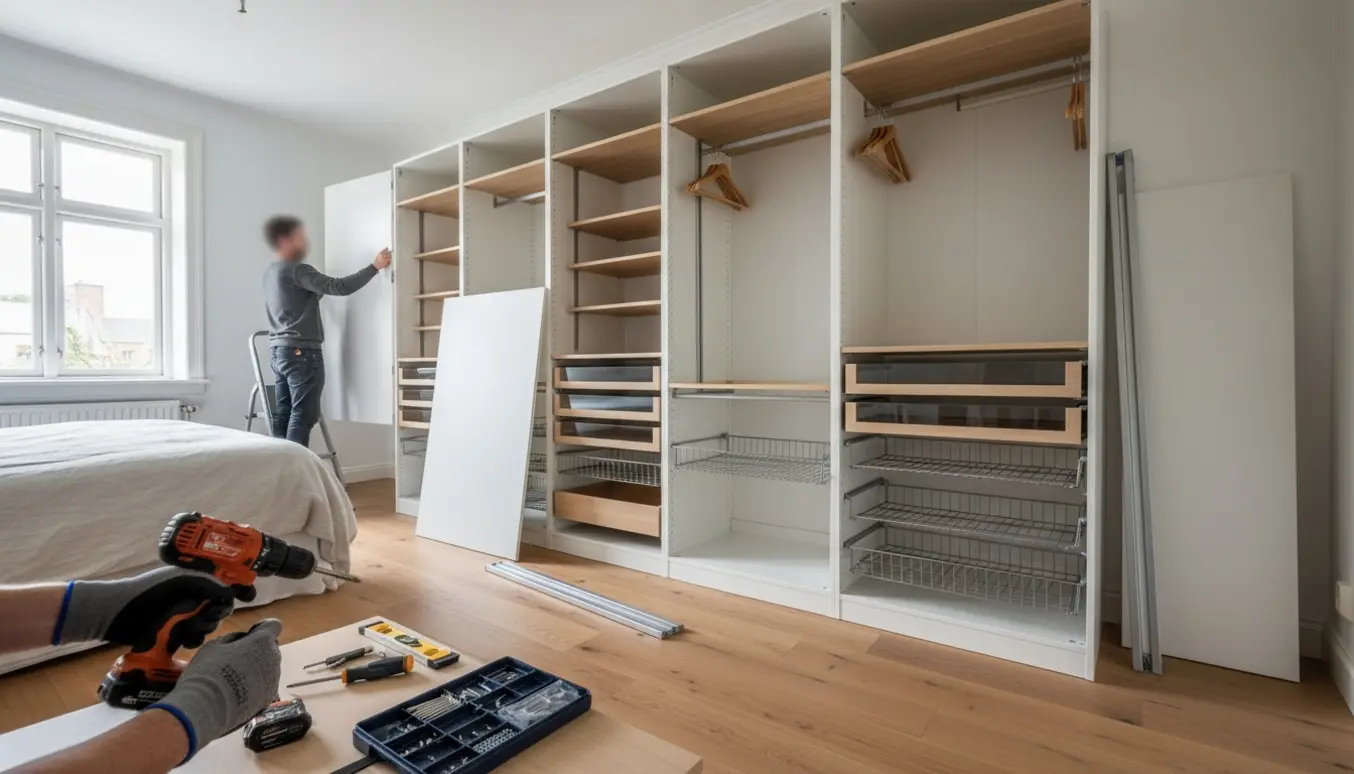 Montering af et stort modulskab langs en væg med åbne hylder og hænder, der bruger en boremaskine.