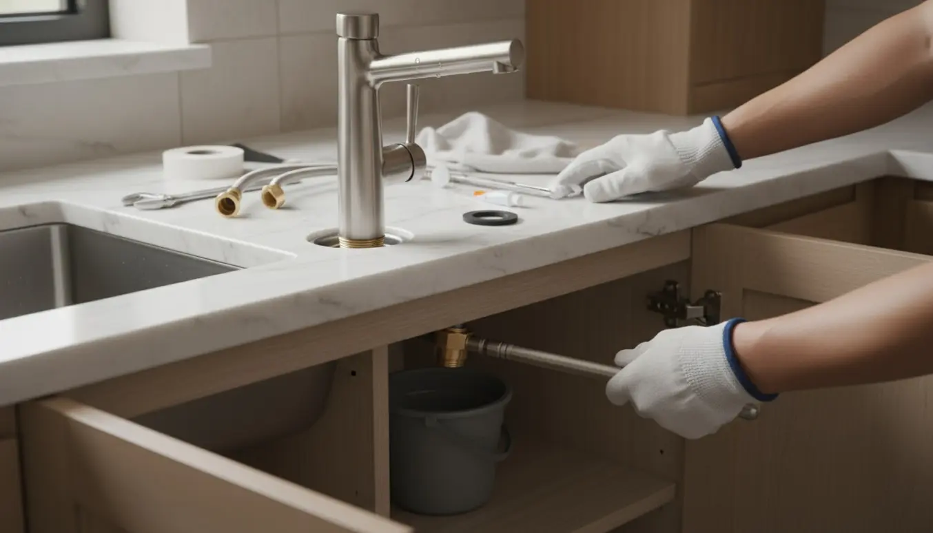 Hænder monterer et nyt køkkenarmatur over en marmorvask med værktøj og materialer.