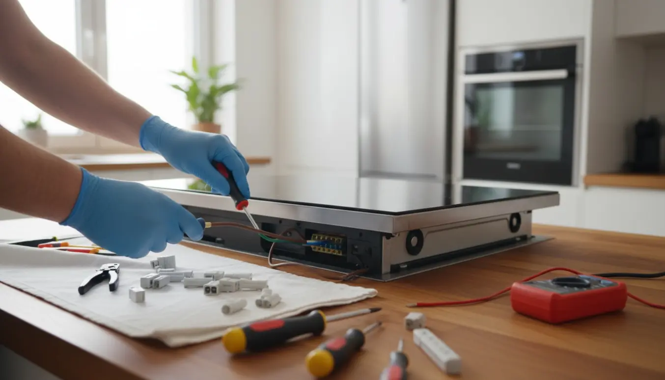 Hænder forbinder strømledninger til en indbygget kogeplade under en bordplade i et lyst, moderne køkken.