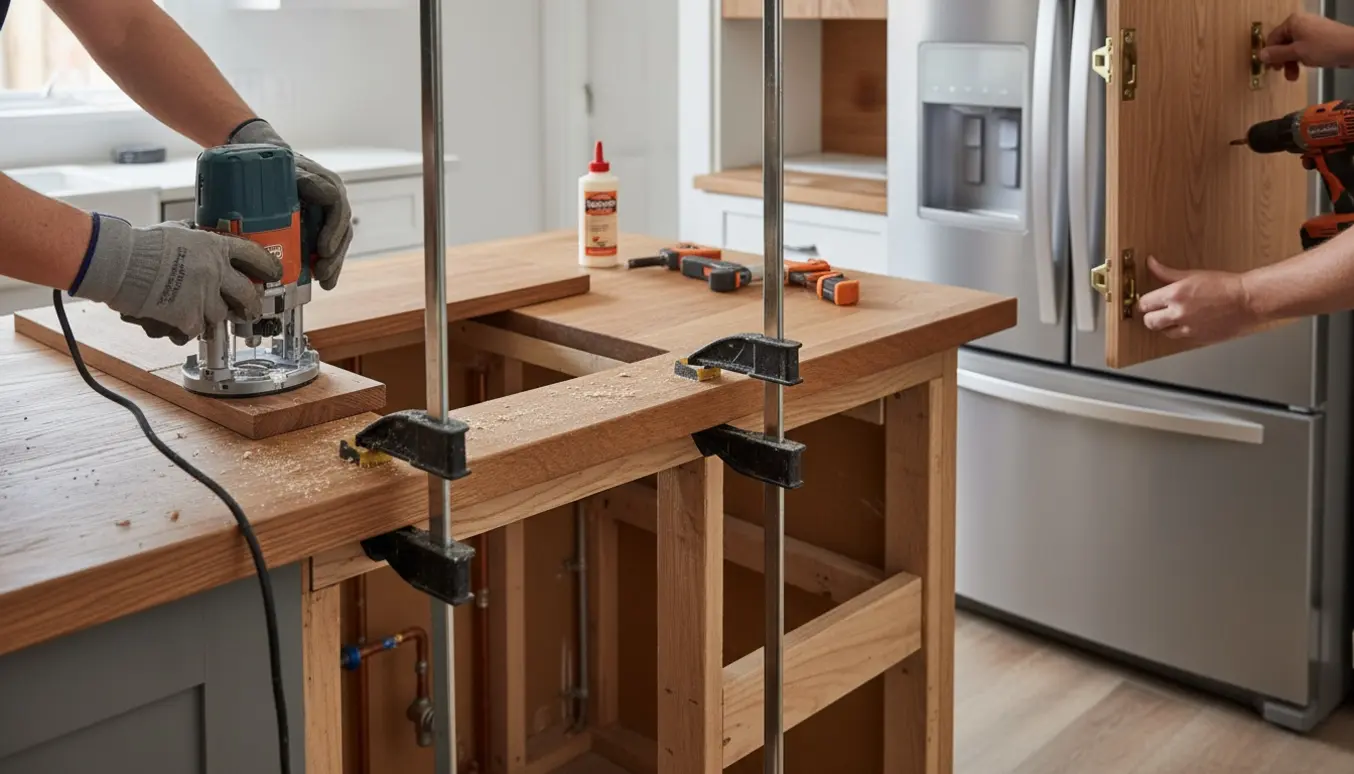 Nærbillede af køkkenrenovering med udskæring til induktionskogeplade, pålimet bordpladeforlængelse og nye lågepaneler ved køleskab.