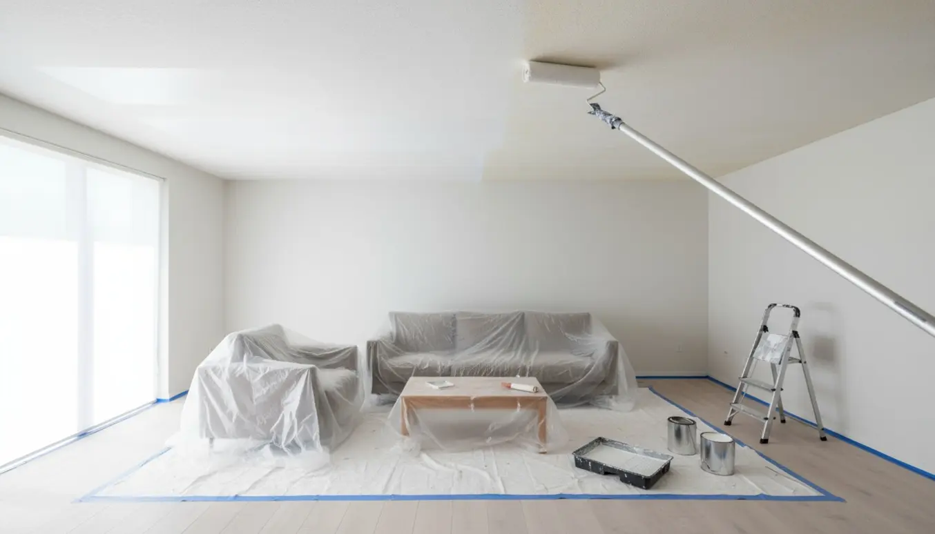 Malerrulle på teleskopskaft påfører anden maling af loftet, mens møbler er dækket og samlet midt i rummet.
