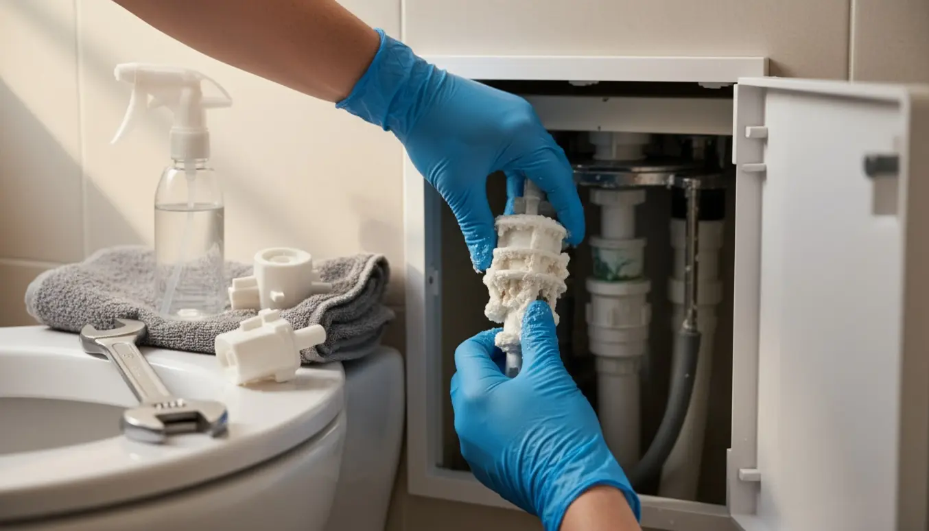 Nærbillede af hænder, der fjerner en kalkbelagt flyder fra en indbygget cisterne med værktøj ved siden af.