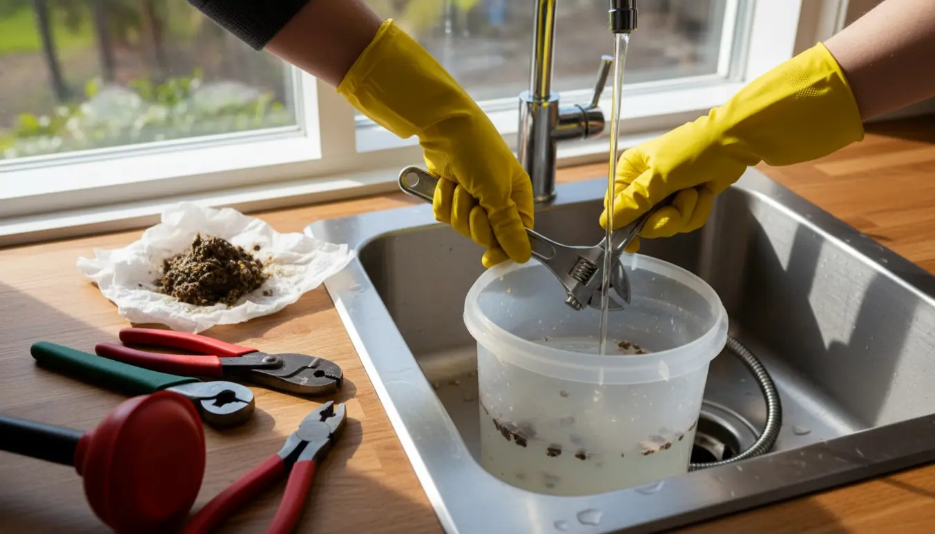 Hænder i gummihandsker løsner P-sifonen under køkkenvasken med skruenøgle og kloakrensefjedre, mens en spand fanger vand og snavs.