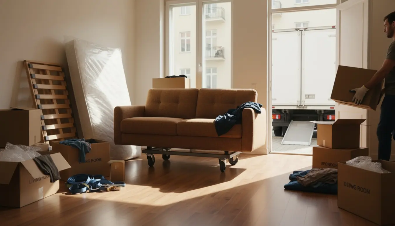 Åben varevogn ved opgang mens møbler og flyttekasser læsses fra en 70m2 lejlighed.