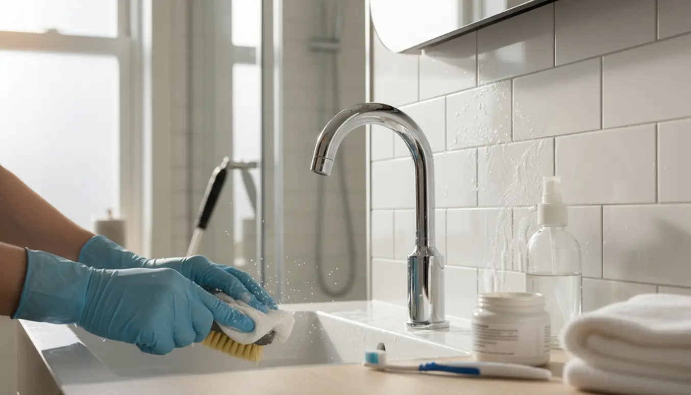 Nærbillede af gummihandsker, der fjerner kalk og sæberester fra et kromarmatur i et lyst badeværelse.