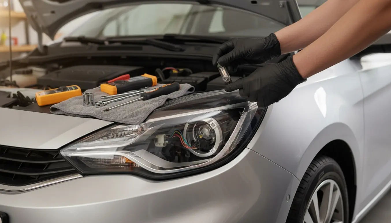 Hænder inspicerer en åben forlygte på en lille hatchback med udtaget pære og værktøj på fenderen.