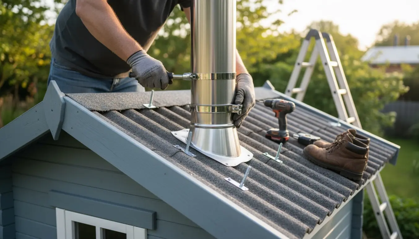 Isoleret stålrør monteres gennem eternittag på et kolonihavehus med værktøj og handsker i fokus.