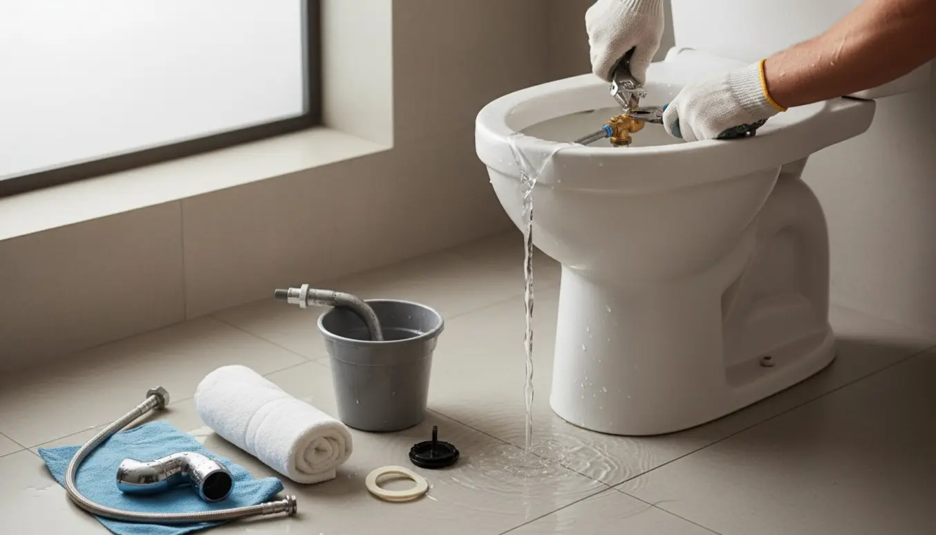 Hænder reparerer en åben toiletcisterne med løbende vand og værktøj på badeværelsesgulvet.