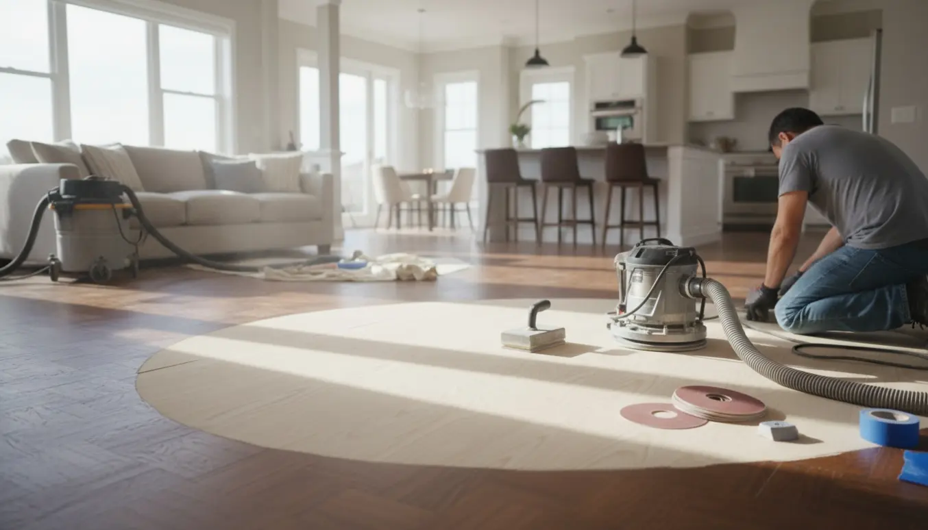 Parketgulv i stue og køkken under blød slibning med slibemaskine og udsugningsslange.