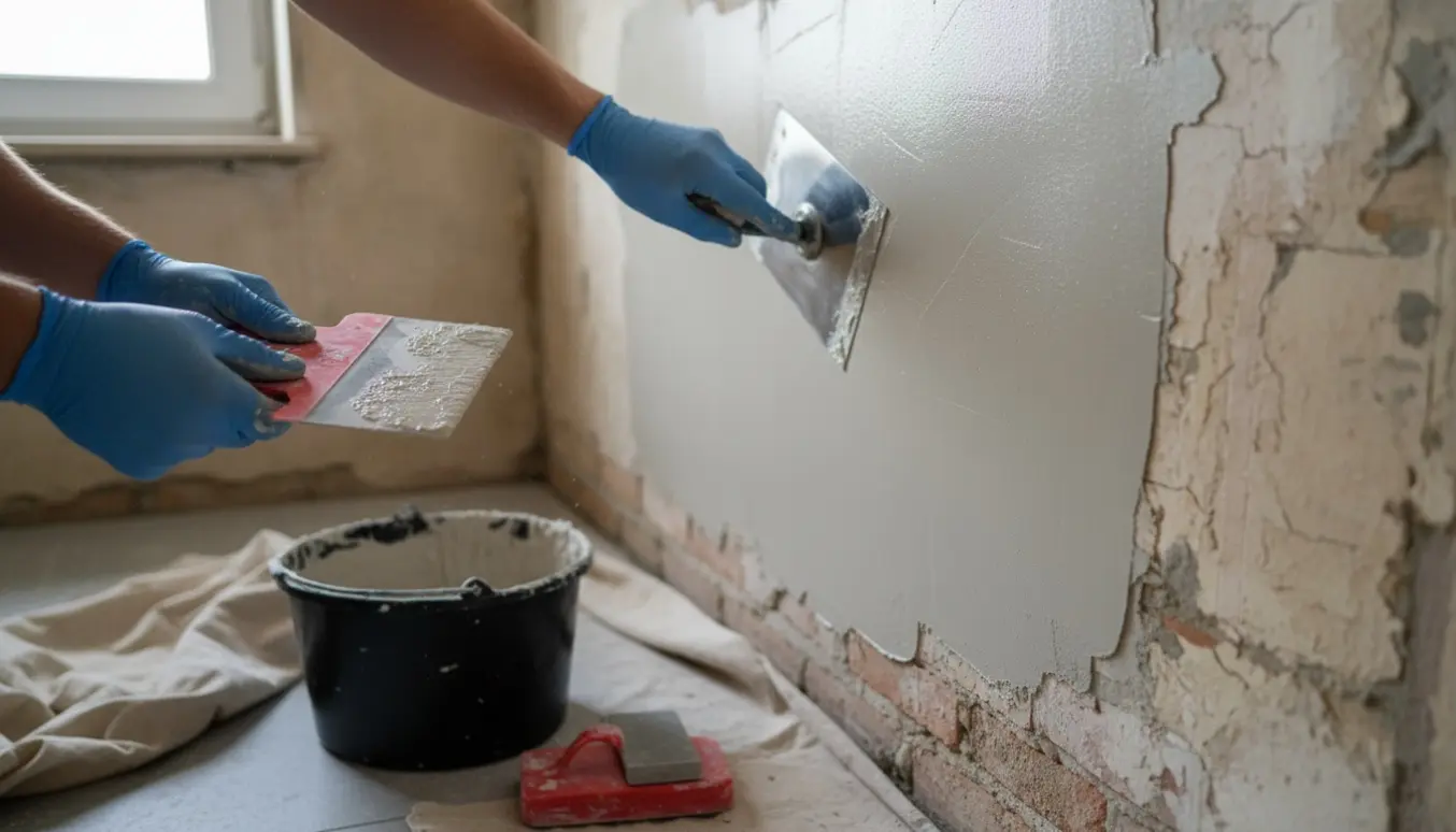 Badeværelsesvæg pudses med gipsmørtel, værktøj og afdækning synligt.