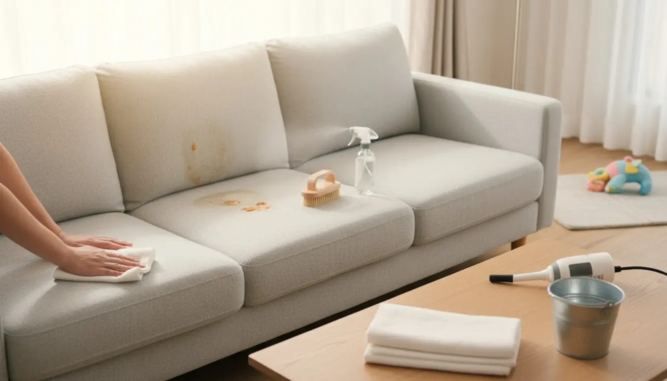 Hænder renser pletter på en trepersoners uldsofa med fire puder i et lyst stuemiljø.