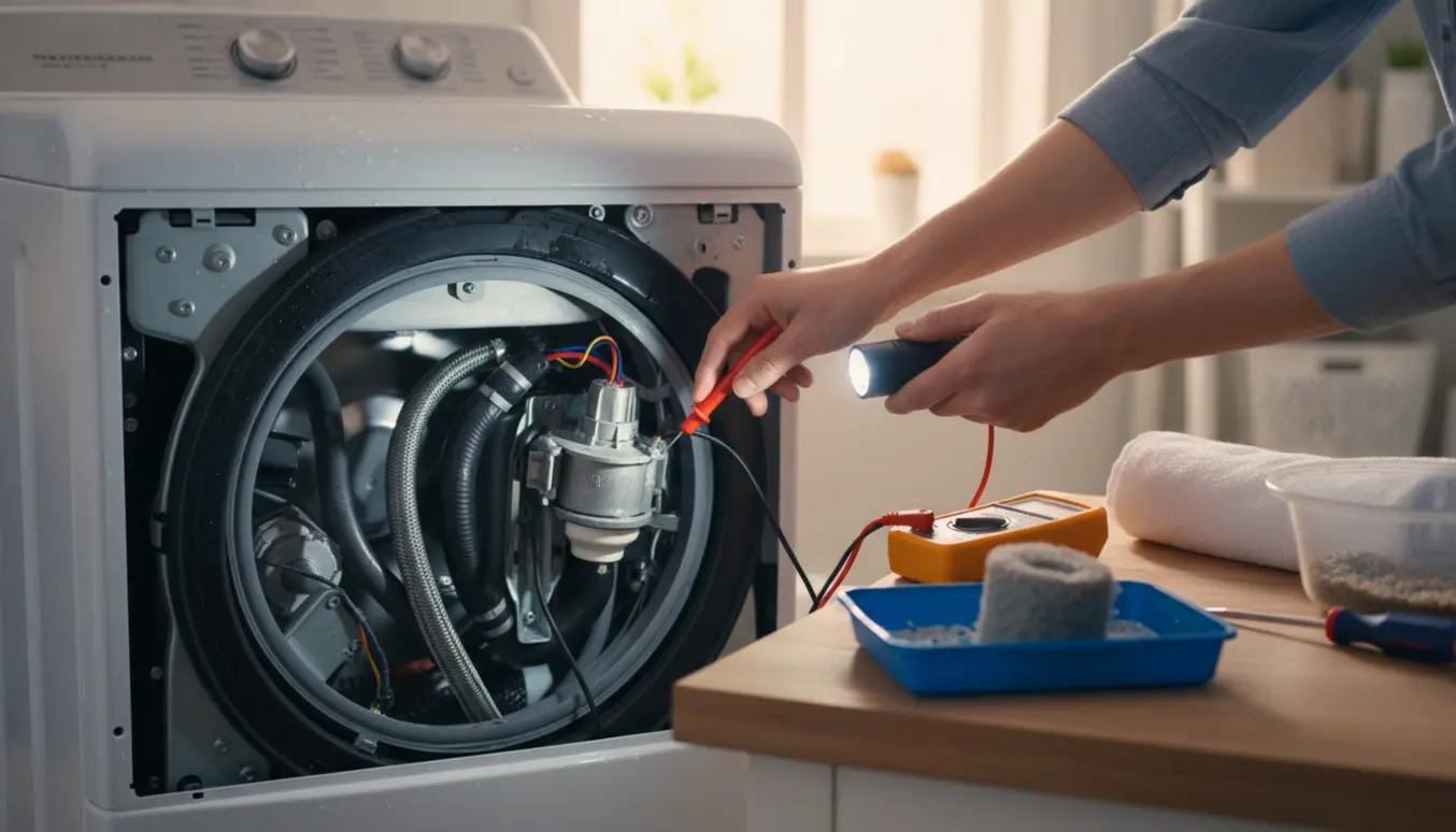 Hænder inspicerer åben frontbetjent vaskemaskine med værktøj og fjernet filter i et lyst vaskerum.
