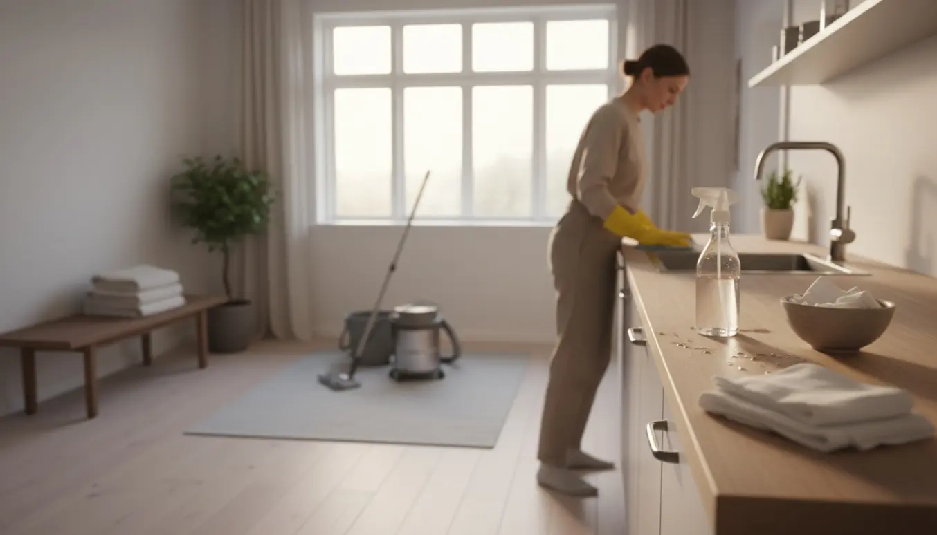 En person set bagfra gør rent i et lyst, hyggeligt hjem i Ebeltoft.