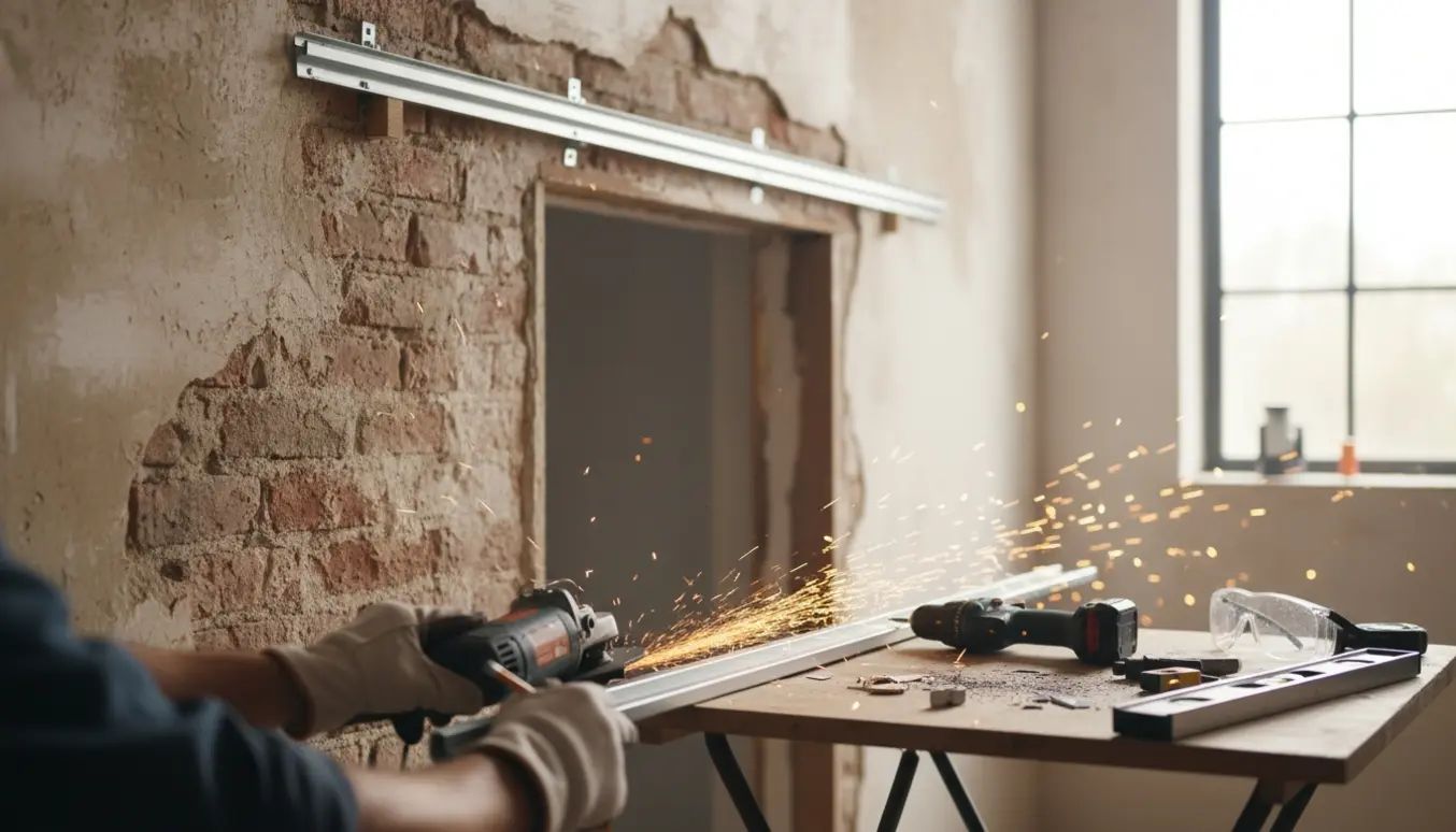 Hænder måler og skærer en metalbeslag til opsætning af en skydedør på en murvæg.