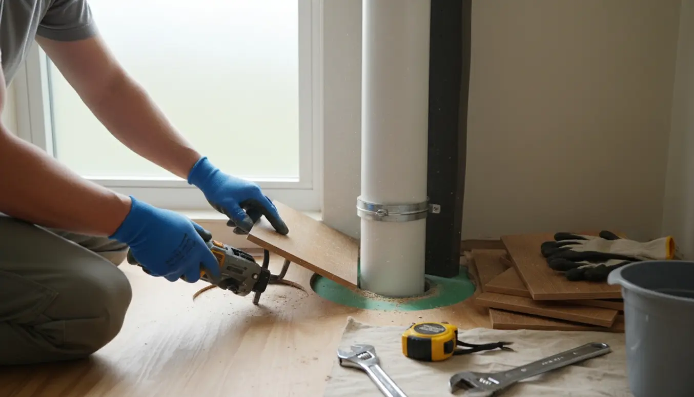 En VVS'er fjerner det sidste klikgulv omkring en faldstamme i et badeværelse med værktøj og udsat undergulv.