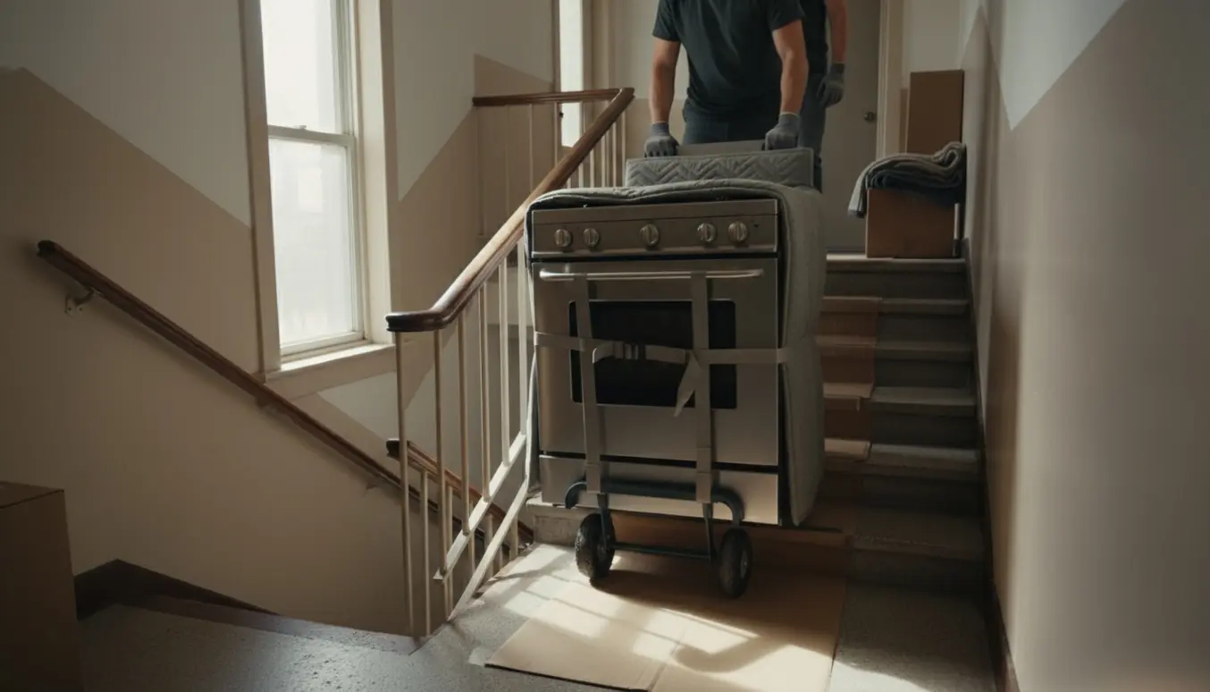 Et komfur bæres op ad en smal opgang på en flyttevogn, kun hænder og overkrop synlige.