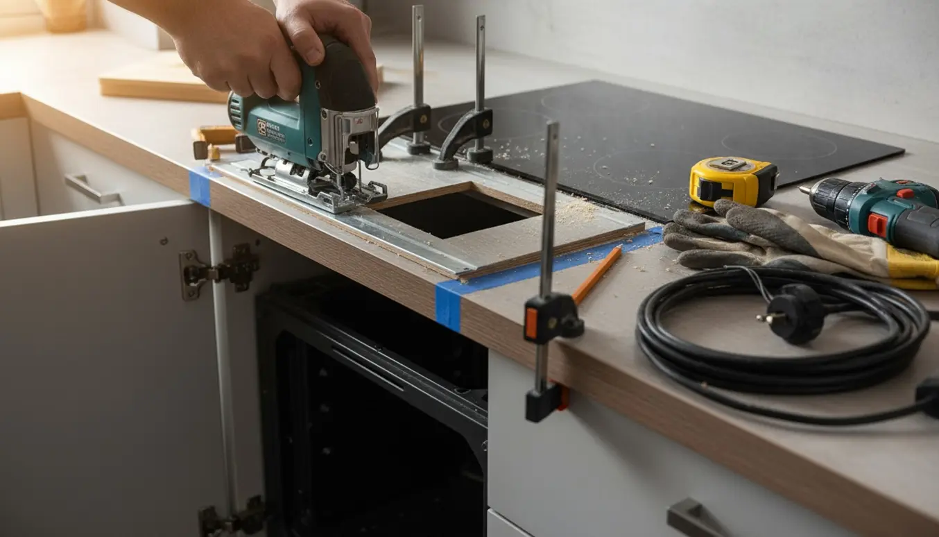 Nærbillede af en laminatbordplade, hvor en stiksav skærer hul til en kogeplade med måleværktøj og afmonteret ovn i baggrunden.