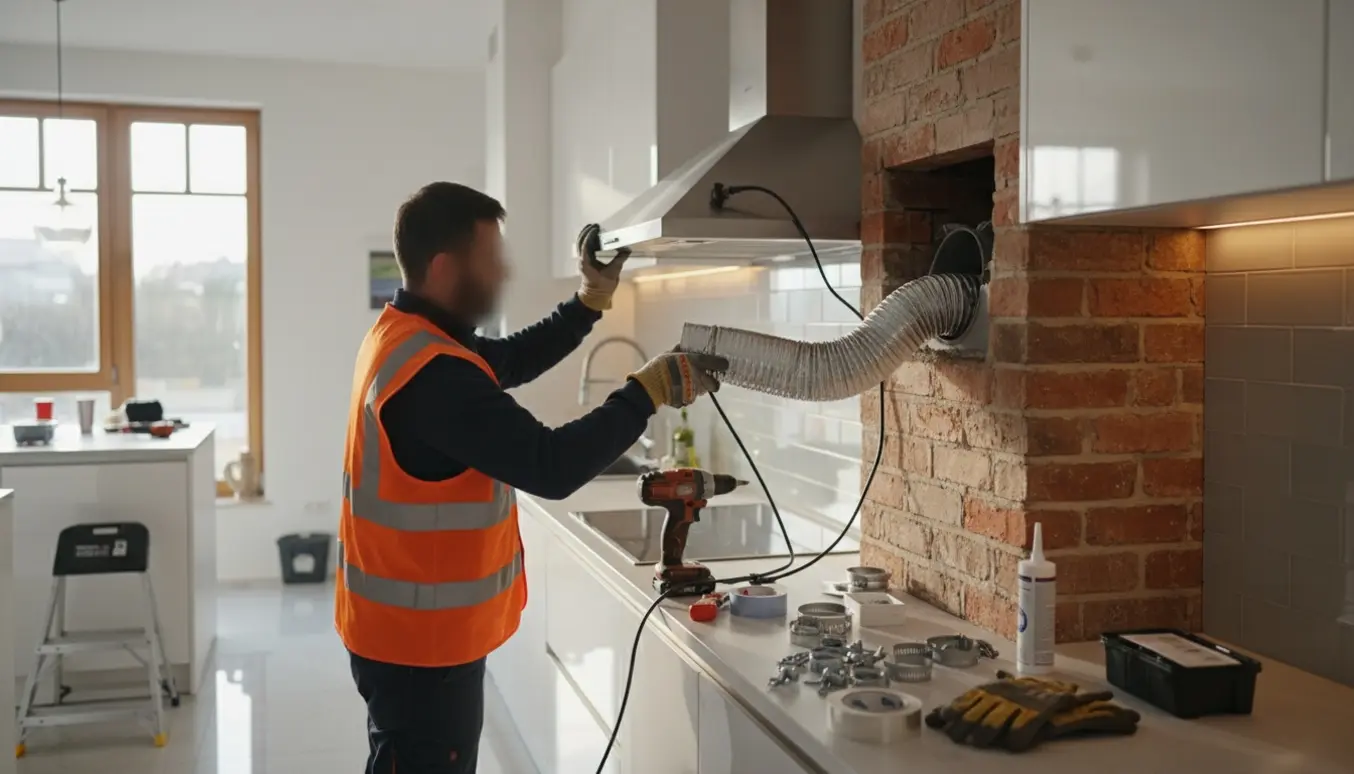 Installatør monterer spiro-rør fra emhætte ind i skorsten i et nyt køkken, med værktøj og materialer i forgrunden.