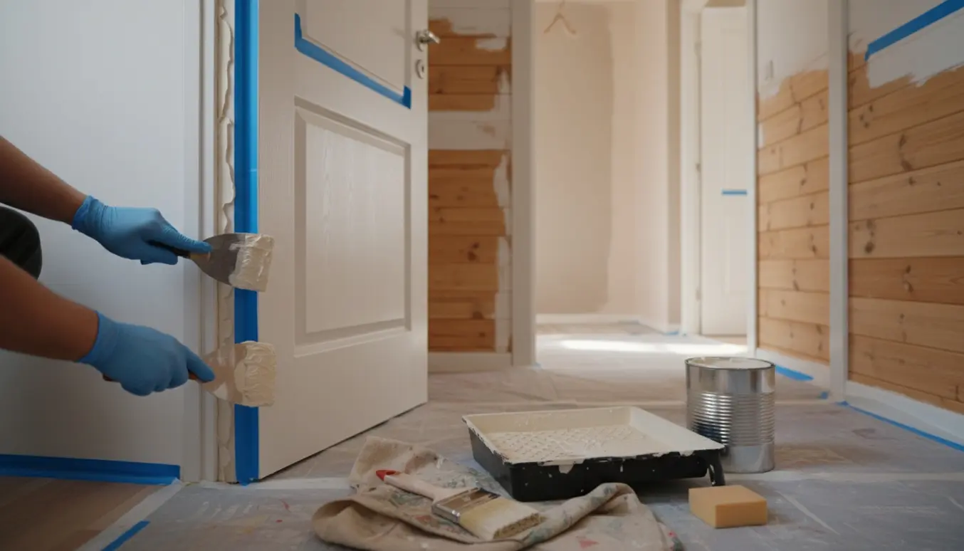 Hænder spartler og maler dørkarm og træpaneler i et lille rum med malerudstyr og afdækning.