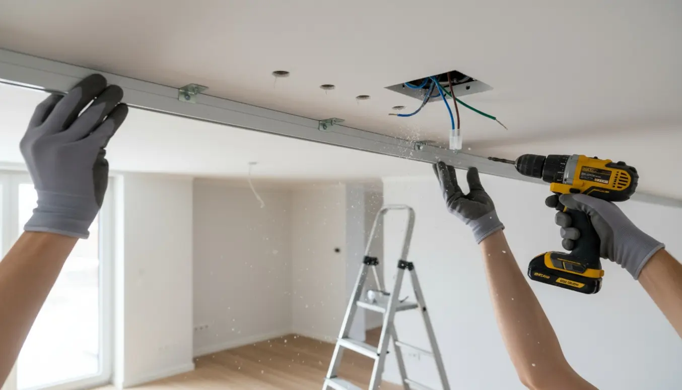Hænder monterer og tilslutter en 180 cm lang lysskinne i et gipsloft med en boremaskine.