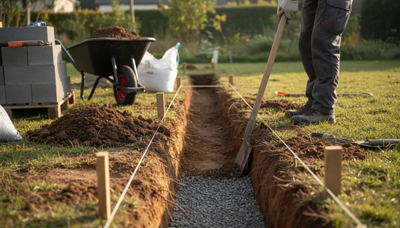 Udgravning til havemur i en have med en 30 cm bred, 5 m lang og ca. 90 cm dyb rende, skovl, trillebør og opstablede mursten.