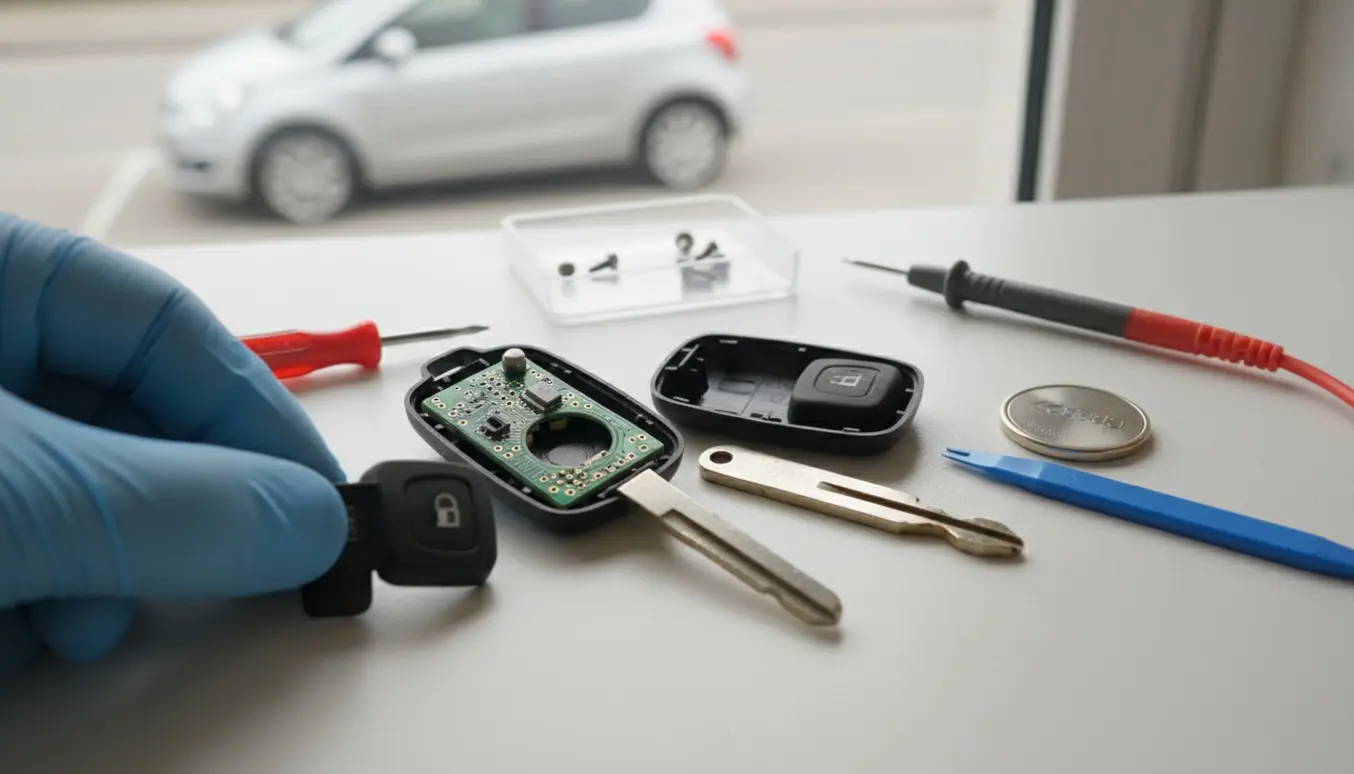 Åben bilnøgle med synligt printkort, batteri og værktøj på et rent værksted.