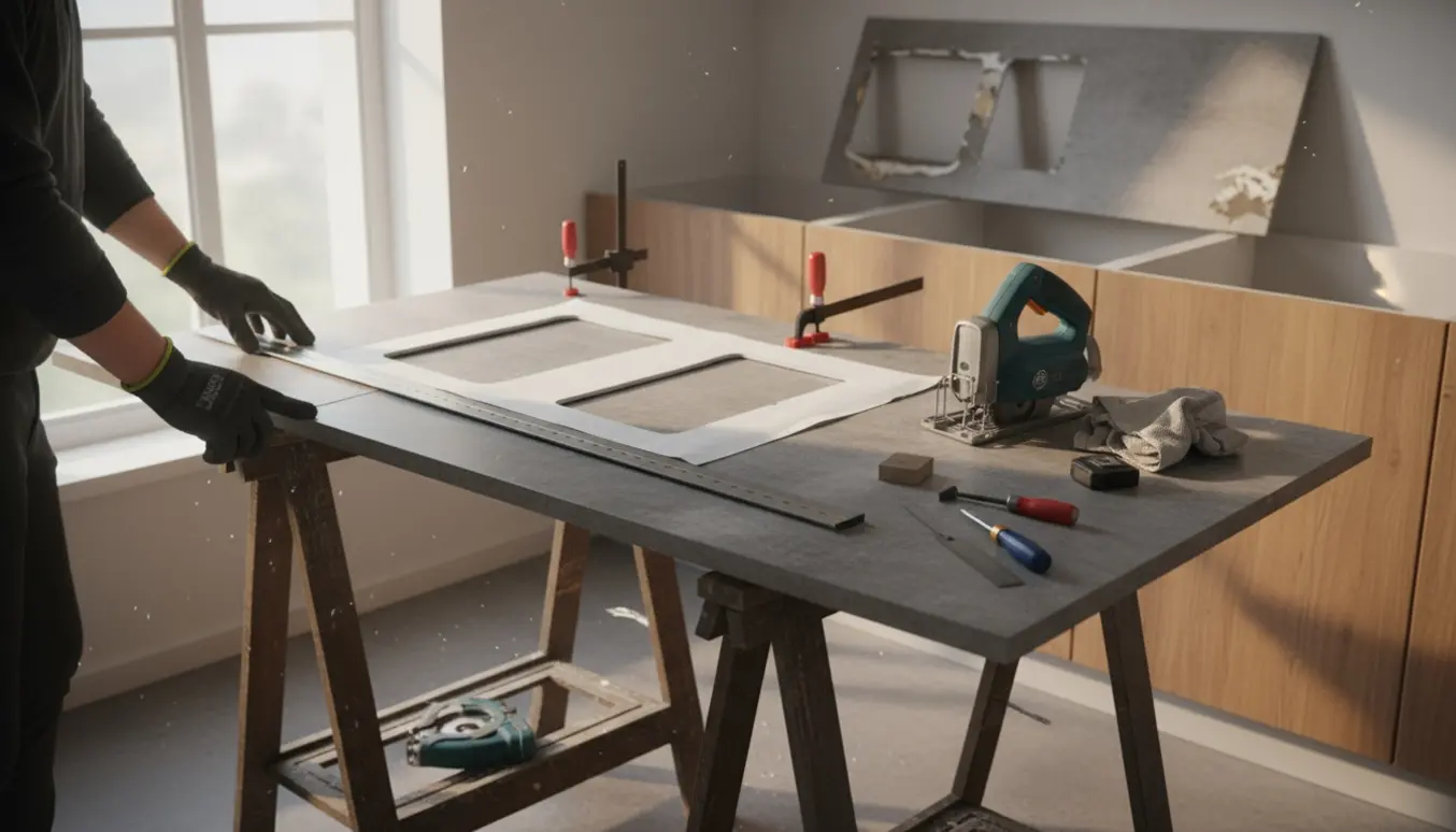 Hænder måler og markerer en betonmønstret laminatbordplade i et køkken klar til udskæring til kogeplade og vask.