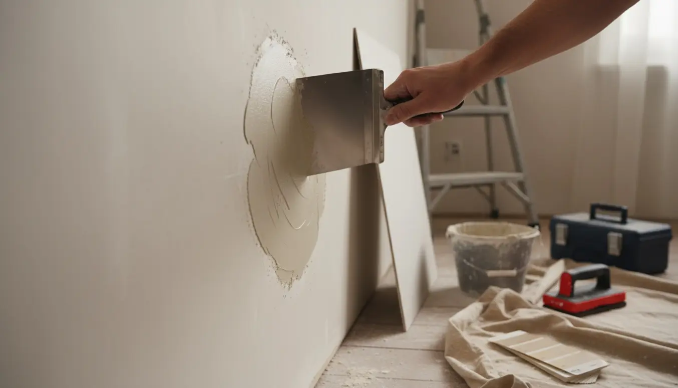 Nærbillede af hænder, der spartler en væg i et hus under renovering.