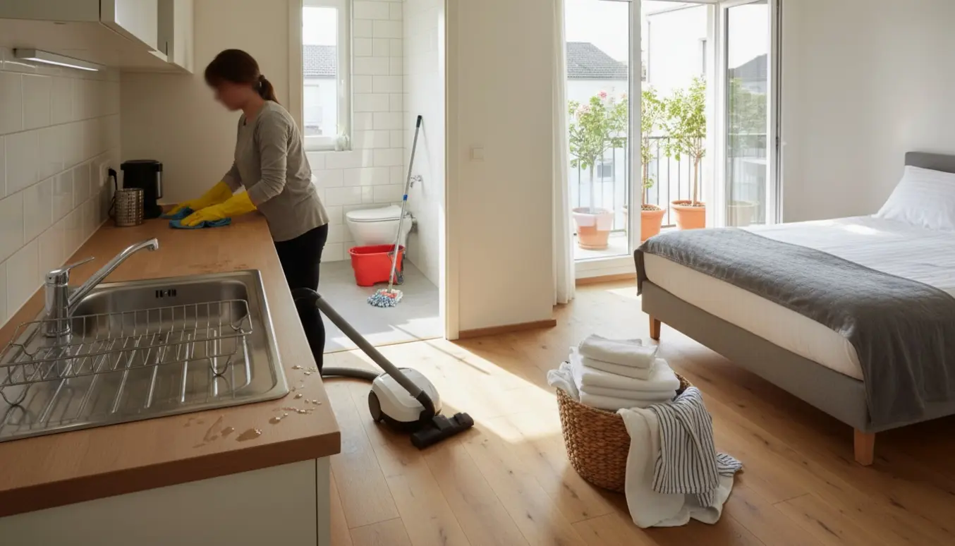Rengøring af en 80 m² ferielejlighed med rengøringsudstyr, nyopredt seng og sollys gennem vinduerne.