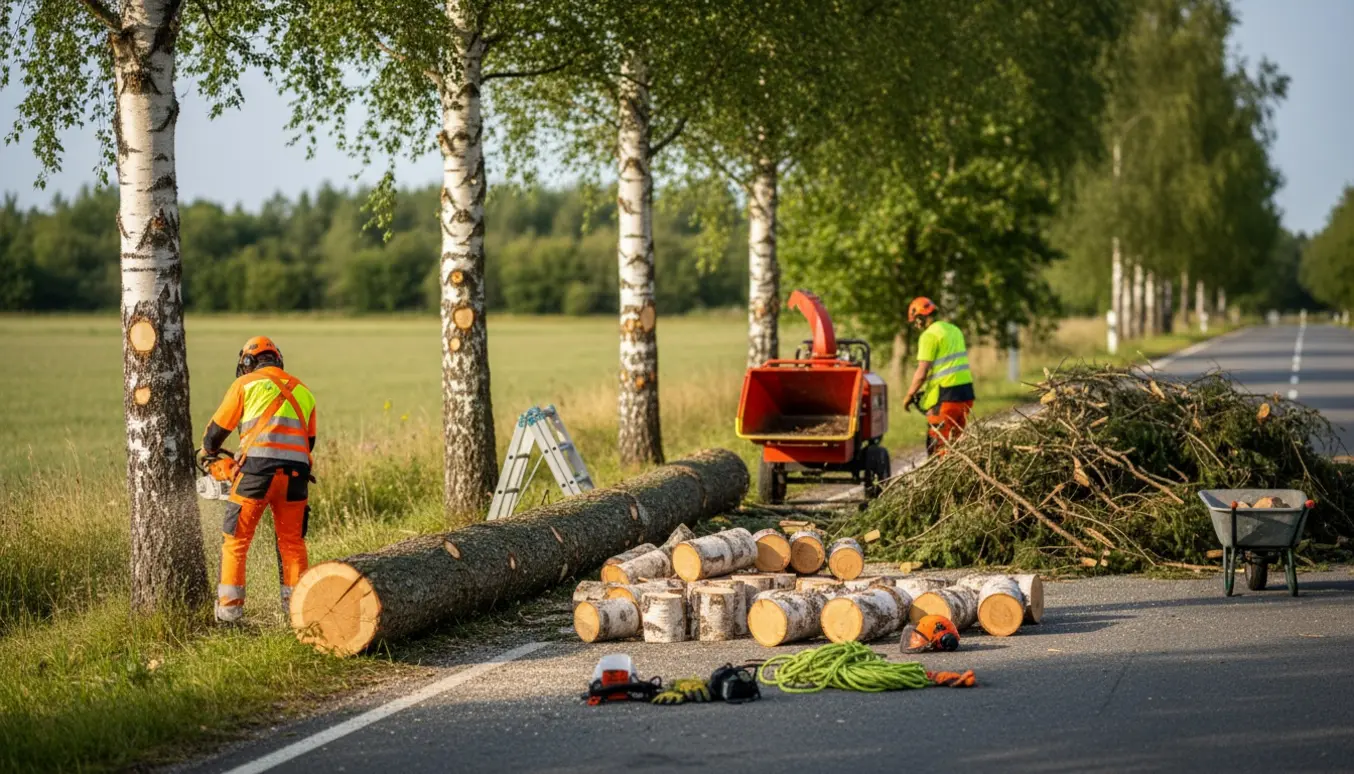 Arbejder ses bagfra med motorsav ved vejkanten foran toppede birketræer, stablede birkestykker og en fældet granstamme.