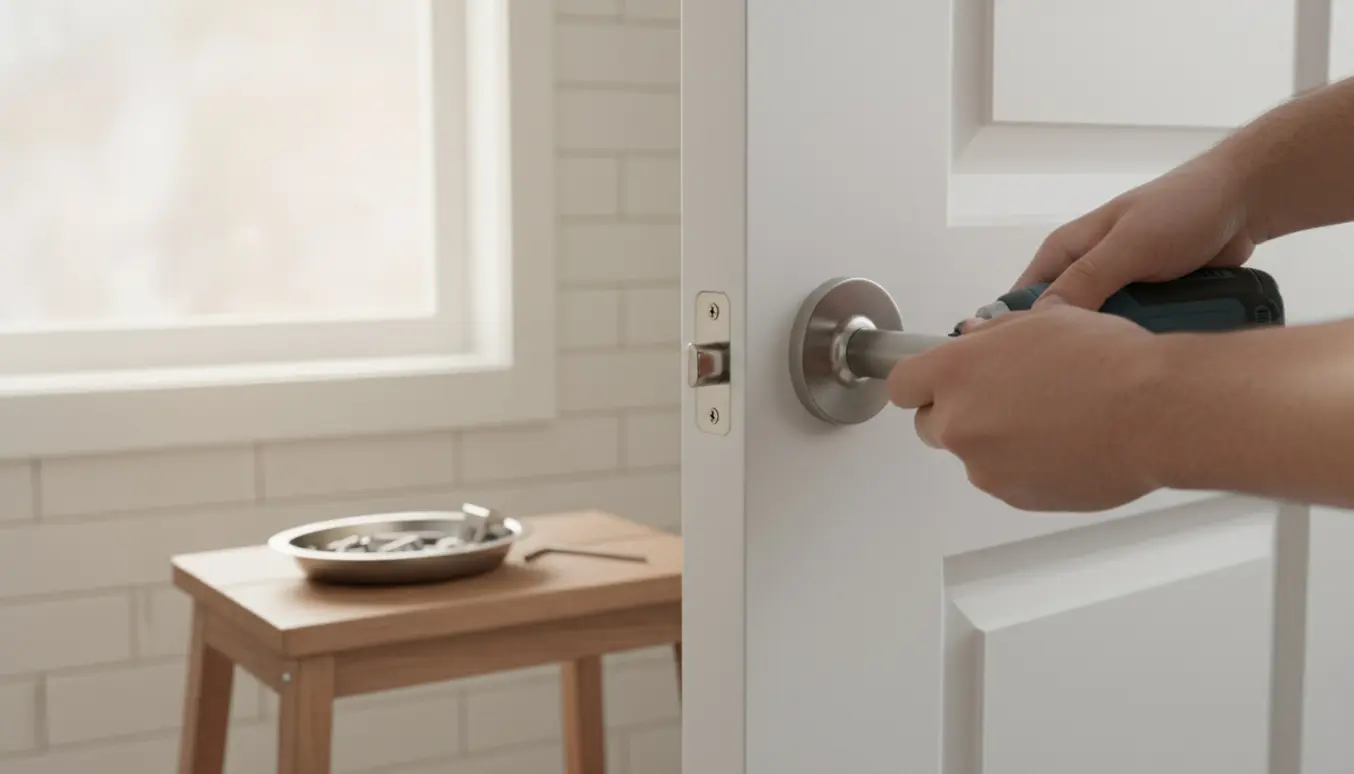 Hænder monterer et moderne dørhåndtag på en indvendig toiletdør i et lyst badeværelse.