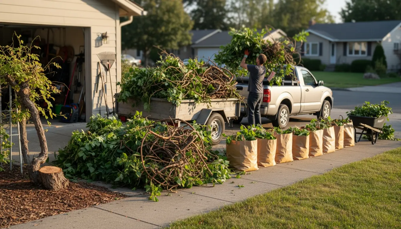 Stor bunke haveafklip og grene læsset i trailer ved indkørsel klar til bortkørsel.